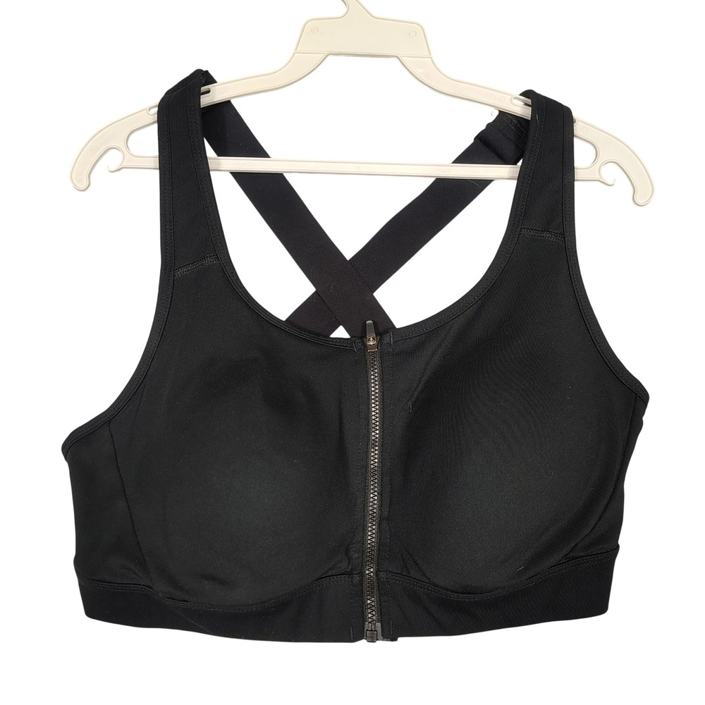 Duluth Trading Co Sports Bra Womens 12 Front Zip Wireless Crossback Black 81420